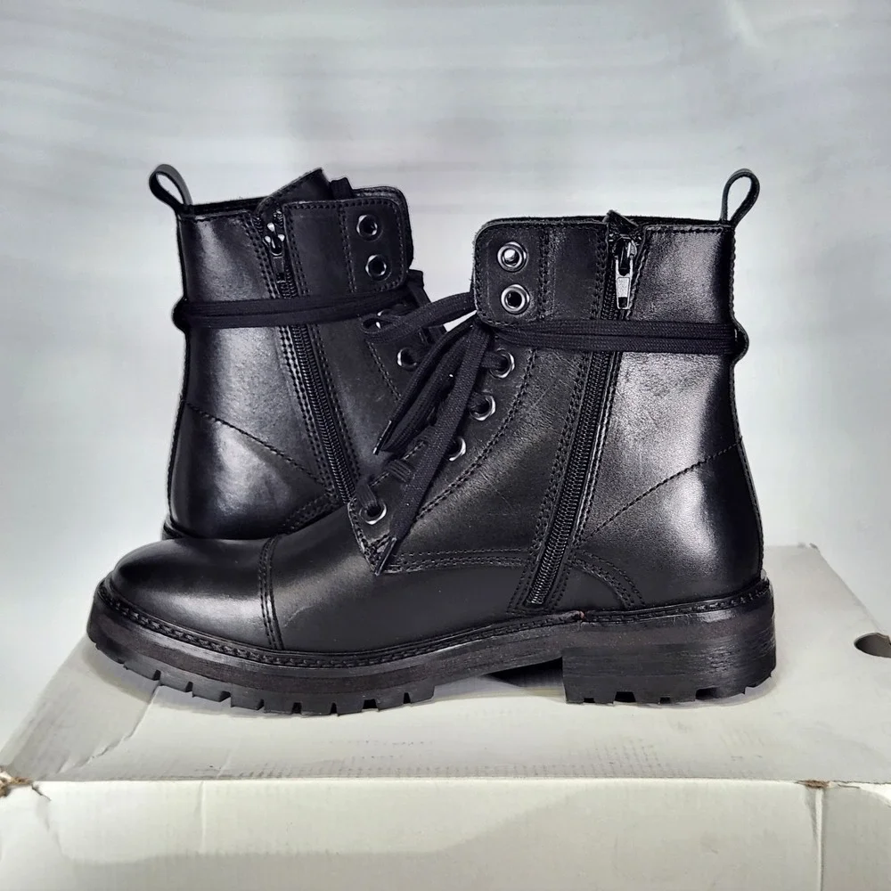 Aldo Sevigo Boots Mens Size 8 Black Leather Lace Up Side Zip Lug Sole Cap Toe